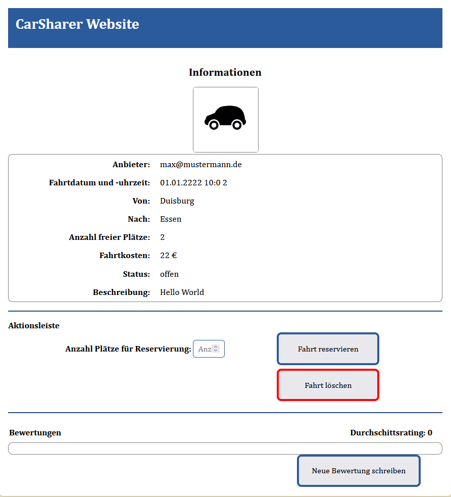 The details page for a selected ride.