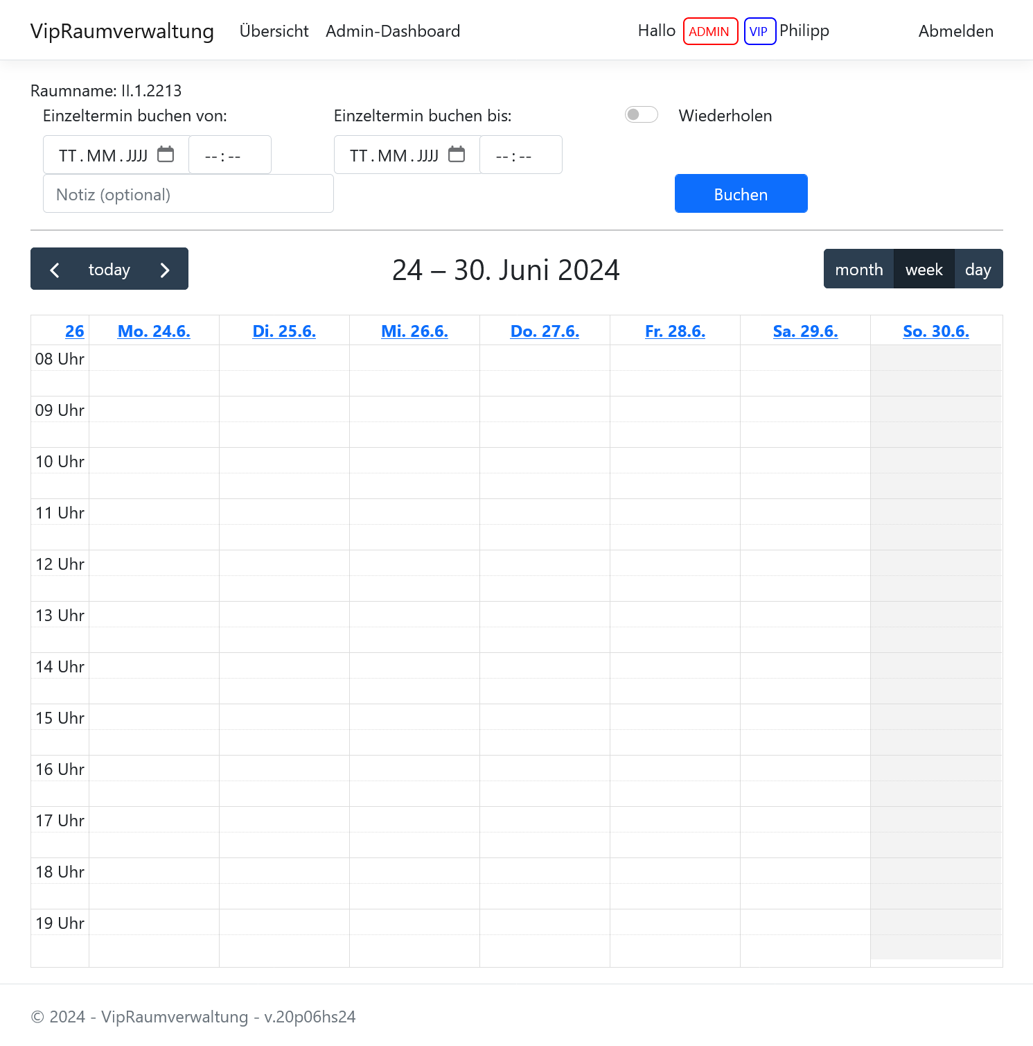 The booking page of the room management software with a certain room selected.